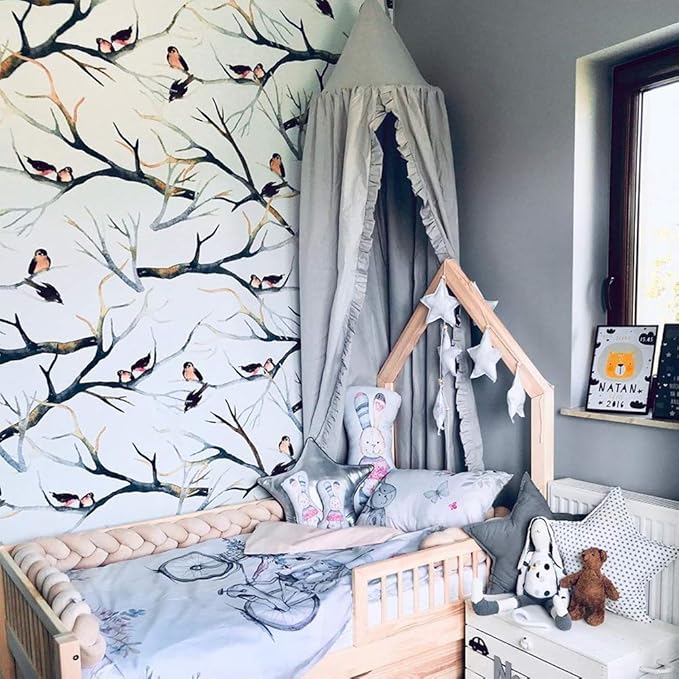 Bed Canopy with Frills Reading Nook Game Tent for Kids Boho Hanging Net Play Room Decor(Light Grey)