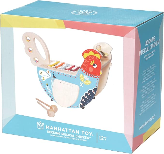 Manhattan Toy Musical Chicken Wooden Instrument for Toddlers with Xylophone, Drumsticks, Cymbal and Maraca,Blue