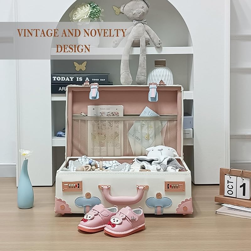 Unitravel Baby Keepsake Case, Handmade Memory Storage Box, Newborn Keepsake Box, Vintage Suitcase for Baby Shower, Baptism, Naming Ceremony or Birthday (cream white, 18")