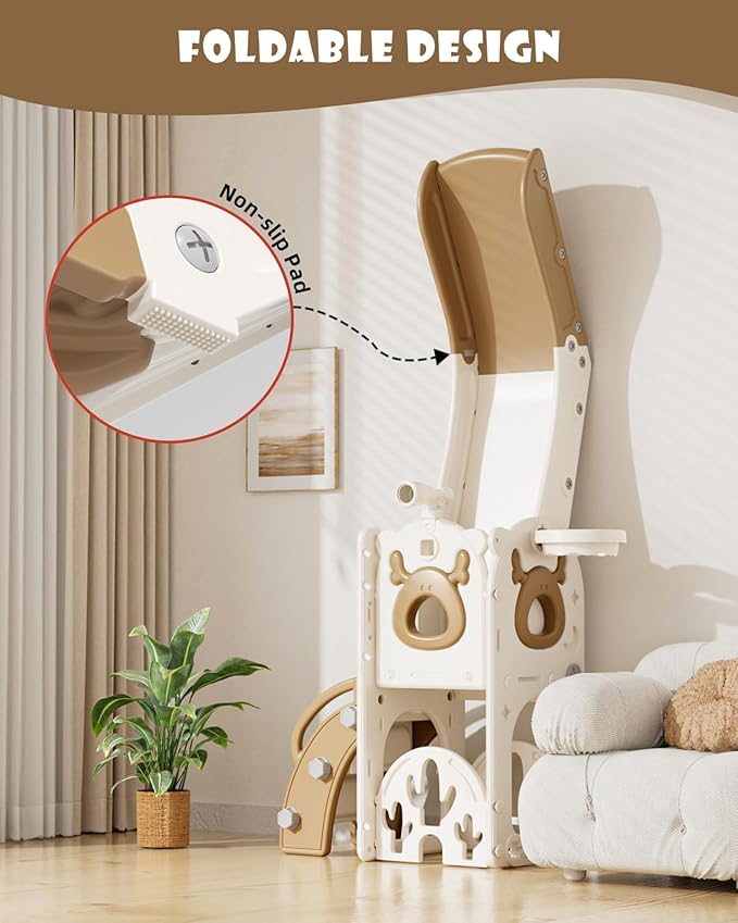 XJD 7 in 1 Toddler Slide, Kids Indoor Slide for Toddlers 1-3, New Upgrade with Golf, Basketball Hoop for Indoor Outdoor Playset,Toddler Playground (White Brown)