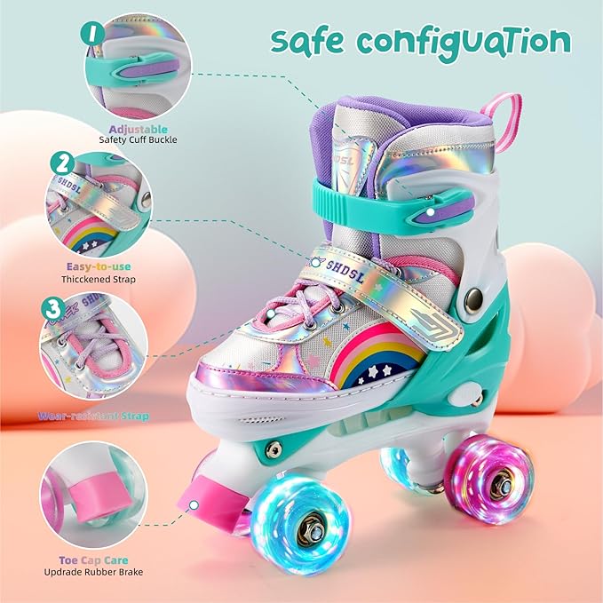 Girls Roller Skates for Kids Beginners 4 Size Adjustable Roller Skates, Light UP 8 Wheels for Girls Roller Skate Fun Illuminating Roller Skate for Kids Boys patines para niñas