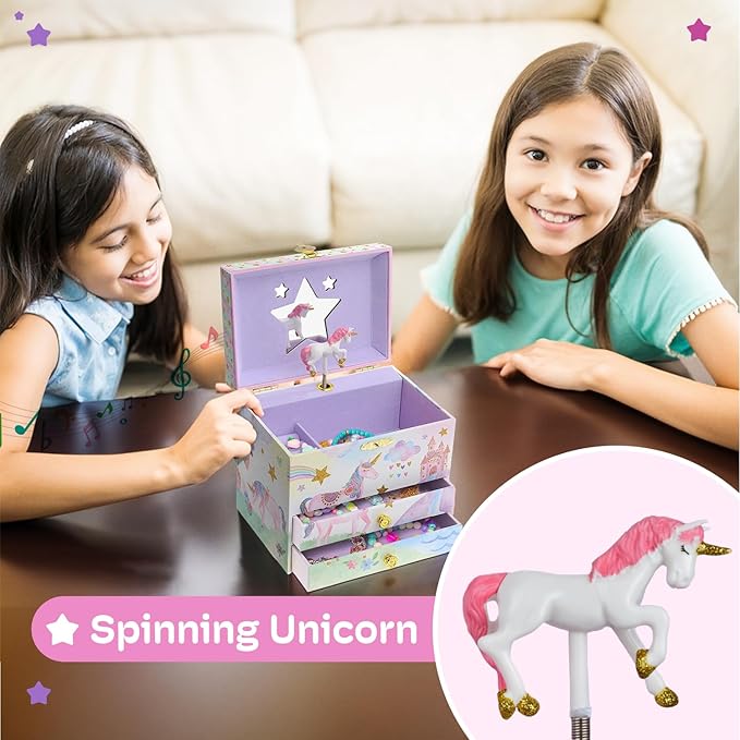 Jewelkeeper Enchanting Unicorn Musical Jewelry Box for Girls - Sparkling Rainbow Design Music Box with 2 Pullout Drawers to Store Earrings, Necklace and Bracelets - Plays The Beautiful Dreamer Tune