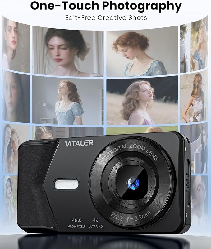 Digital Camera, Autofocus 48MP 4K Camera for Photography with 32GB Card, Portable Compact Point and Shoot Digital Camera for Teens Adult Beginner Kids with Metal Shell, 2000 mAh Battery