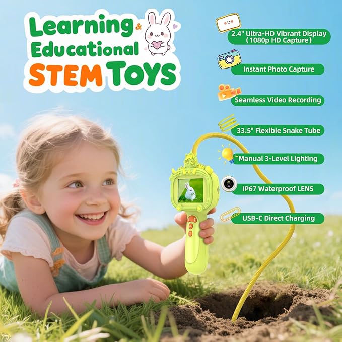 Borescope Snake Camera Endoscope with Light & Flexible Tube for Kids - Educational STEM Science Toy for Boys & Girls Ages 3-10, Birthday for Nature Exploration - Green