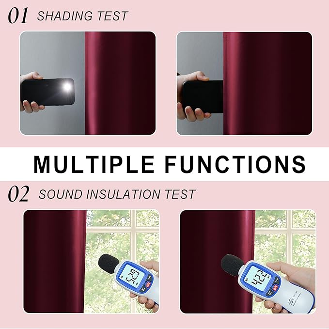 XWZO 100% Blackout Curtains with Tiebacks - Heat and Light Blocking Rod Pocket Window Drapes with Black Liner Backing for Bedroom Sewn with Tiebacks, Burgundy, W52 x L72, Set of 2