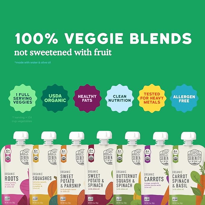 Serenity Kids Certified Organic Baby Food Veggie Puree Pouches Variety Pack - 18 x 3.5 oz for 6+ Months - No Added Sugar & Allergen Free - BPA-Free Packaging - Baby Food Pouches - Pouches Toddler