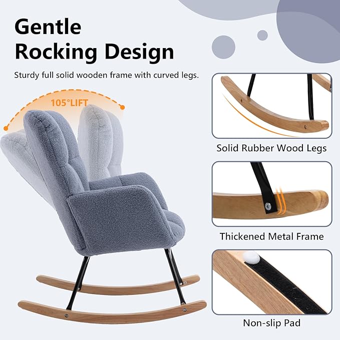 NIOIIKIT Nursery Rocking Chair Teddy Upholstered Glider Rocker Rocking Accent Chair Padded Seat with High Backrest Armchair Comfy Side Chair for Living Room Bedroom Offices (Light Blue)