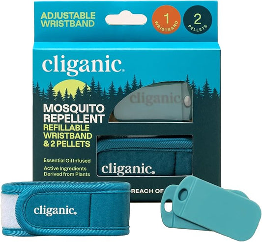Cliganic Mosquito Repellent Pack (Wristband + 2 Refill Pellets) - Adjustable, Natural DEET-Free, Essential Oil Infused