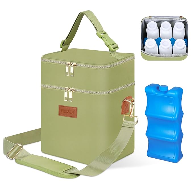 PIIOSER Breastmilk Cooler Bag with Ice Pack Fits 6 Baby Bottles Up to 9 Ounce, Insulated Baby Bottle Tote Bags, Double Layer Waterproof Leak-Proof with Shoulder Strap for Nursing & Working Mom (Green)