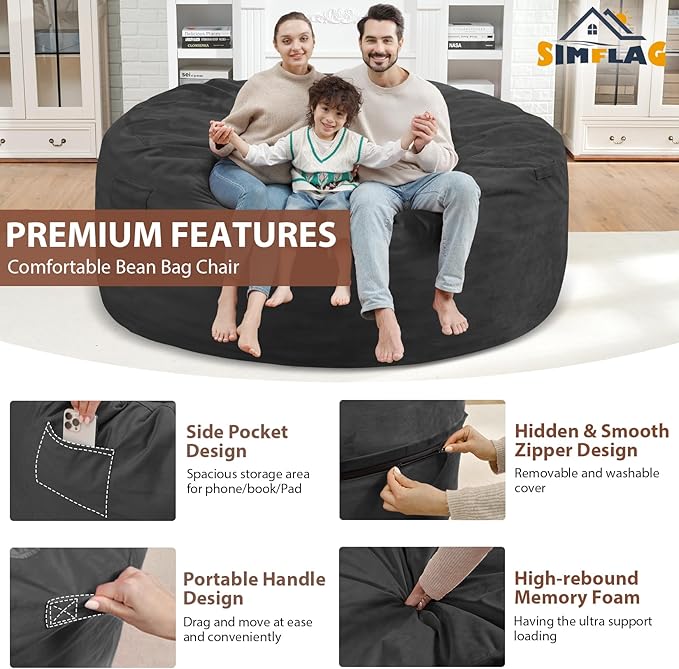 6FT Bean Bag Chair, Large Bean Bag Chairs with Memory Foam Filled, Fluffy Beanbag Sofa with Dutch Velvet Cover, Round BeanBag Chairs for Living Room, Playroom - Grey