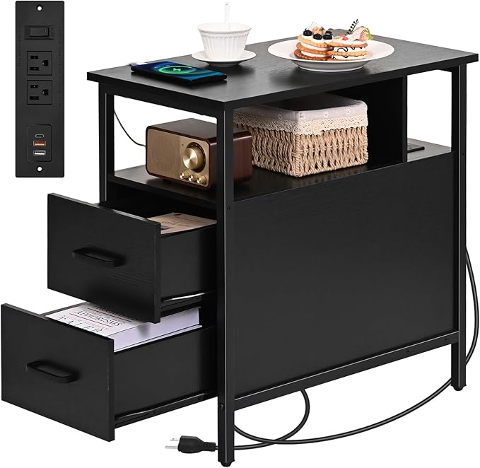 Black Side Tables, End Table with Charging Station, Narrow End Table with 2 Wooden Drawers, USB Ports and Power Outlets, Slim Nightstand and Bedside Table, End Tables Living Room, Bedroom