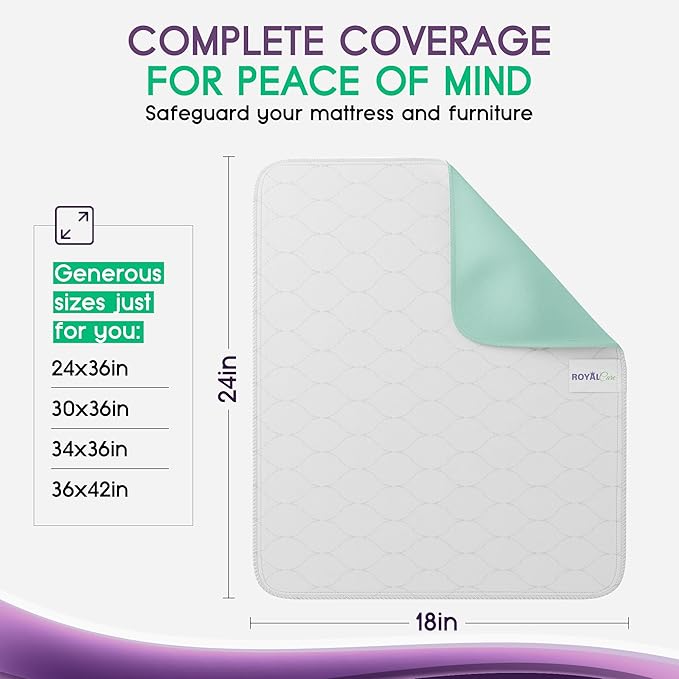 Incontinence Bed Pads - 4 Pack 18” x 24” Reusable Waterproof Mattress Protectors - Highly Absorbent, Machine Washable - for Children, Pets and Seniors - Assorted Colors - Royal Care