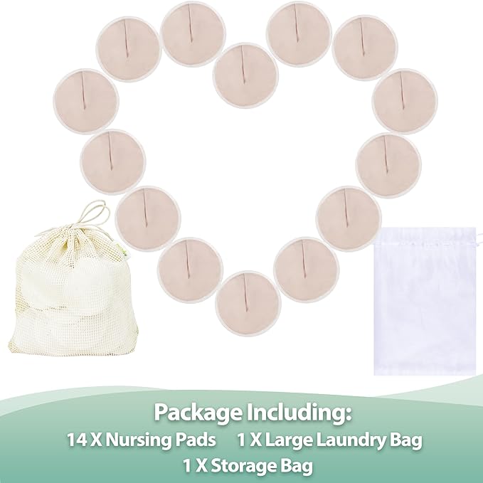 wegreeco Nursing Breast Pads (14 Pack) + Laundry Bag & Travel Storage Bag, 4.7 inch - Washable & Reusable Breastfeeding Nursing Pads (Rose Gold, Large, Contoured Shape)