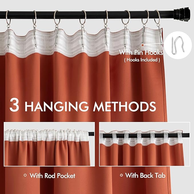 MIULEE Back Tab Burnt Orange Blackout Curtains 96 Inch Long 2 Panels Set for Bedroom, Fall Terracotta Rod Pocket/Pinch Pleated Thermal Insulated Room Darkening Light Blocking Floor to Ceiling Drapes
