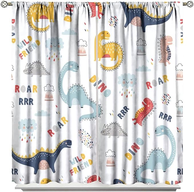 Cartoon Dinosaur Curtains for Kids Boys Girls Home Decor Colorful Cute Dino Animals Print Pattern Rod Pocket Blackout Window Drapes for Nursery Baby Bedroom Playroom W36xL63in 2 Panels