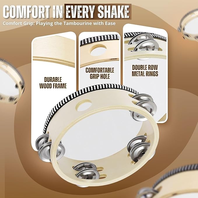 Flexzion Wood Handheld Tambourine Adults 6-Inch Double Row 8-Pair Jingles (Wood) - Percussion Round Tamborines Musical Instrument with Metal Zills