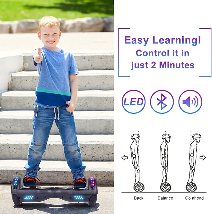 SISIGAD Scooters for Kids Ages 6-12, with Built-in Bluetooth Speaker and 6.5" Colorful Lights Wheels, Safety Certified Self Balancing Scooter Gift for Kids
