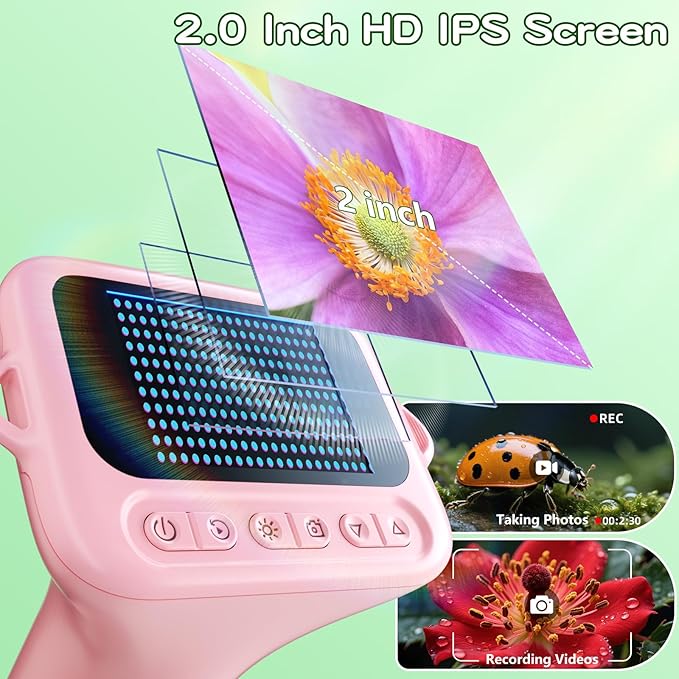 Microscope for Kids with 12 Slides, 100X-1000X 1080P Digital Handheld Kids Microscope, Mini Portable Pocket Miniscope Science Toys Gifts for 3+ 4 5 6 7 8 9 10 11 12 Year Old Boys Girls, Pink