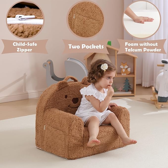Toddler Chair,Sherpa Bear Kids Chair,Toddler Couch Fold Out,Children Reading Chair,Flip Out Kids Couch,Toddler Sofa Convertible for Age 1-3(Brown Bear)