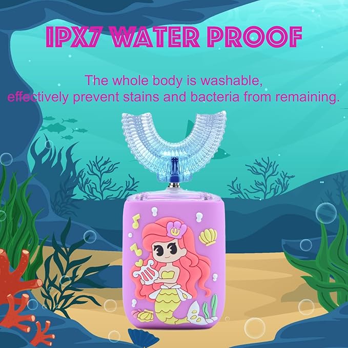 Kids Electric Toothbrush, U Shaped Toothbrush Kids Sonic Automatic Brush with 5 Brush Head 6 Sonic Clean Modes IPX7 Waterproof Mermaid Design Rechargeable Smart Timer for Children 2-7