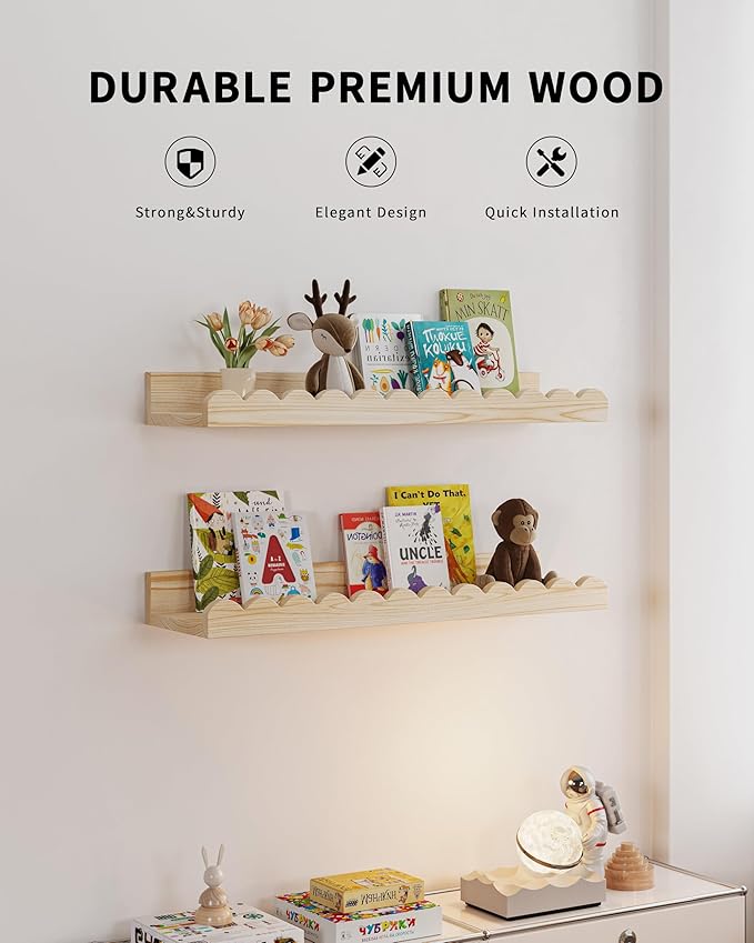 Nursery Book Shelves, 4-Pack Wood Floating Shelves for Wall Kids, Scalloped Shelves, Wall Book Shelves for Bedroom Kids, Toddler Room, Baby Room, Nursery Decor(Wood, 16.5 Inches)