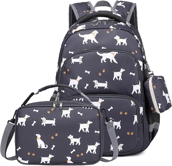 mygreen 3PCS Kids Backpack Set - Waterproof Bookbag with Lunch Box for Boys Ages 3-12, Adorable Cartoon Prints for School & Outdoor Use Grey Dogs