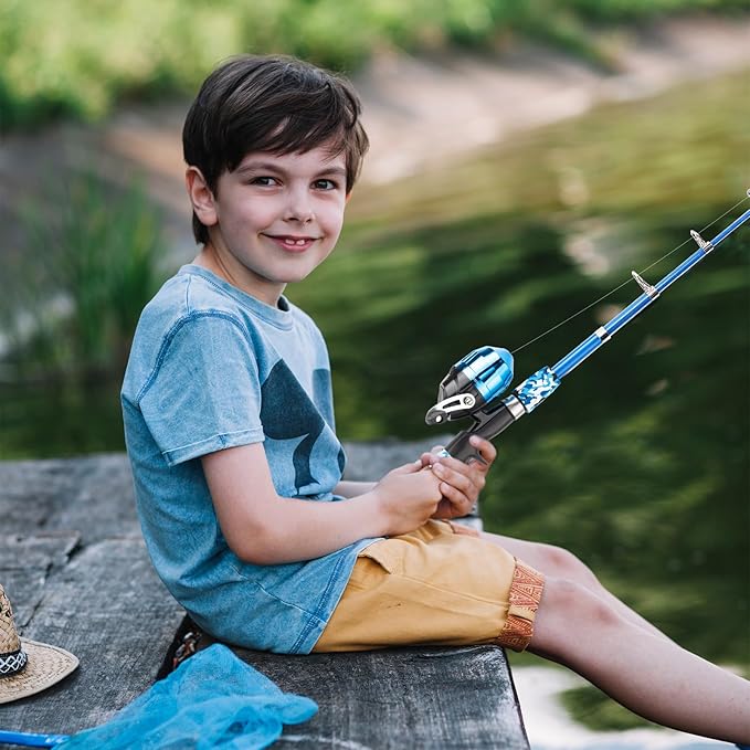 Kids Fishing Pole, Portable Telescopic Kids Fishing Poles for Boys and Girls, Fishing Rod and Reel Combo Kit with Tackle Box, and Fishing Net, Best Fishing Pole for Toddler Youth