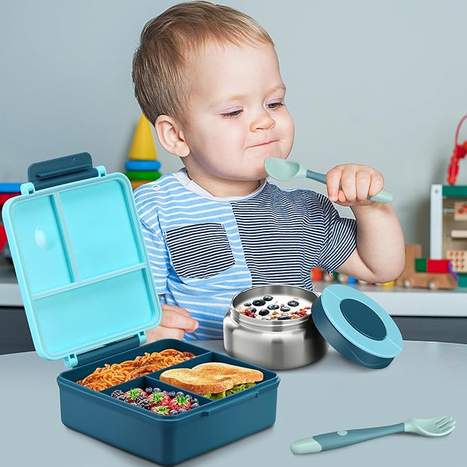 Bento Lunch Box for Kids with 8oz Soup Thermo&Lunch Bag, Leak-Proof Lunch Food Containers with 4 Compartment, Hot Food Insulated Food Jar for Kids School (Blue)