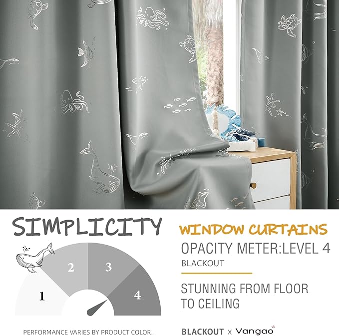 Vangao Kids Curtains for Boys Bedroom Kids Blackout Curtains 63 Inch Length Ocean Aquarium Nursery Drapes for Girls Bedroom Silver Sea Animals Print Thermal Insulated Drapes, Grey 2 Panels