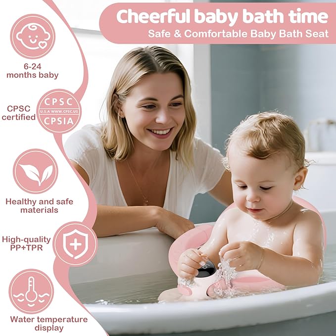 Baby Bath Seat-for Babies 6 Months & up, Water Temperature Display+Soft Cushion, Non-Slip Toddler Bath Seat for Baby, Sit Up Bath Seat for Baby, Pink