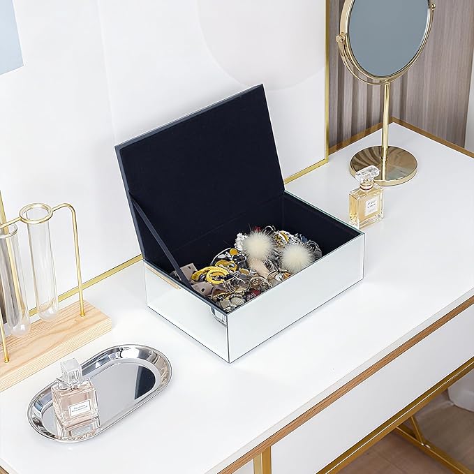 Luxury Mirrored Jewelry Box with Crushed Diamond - Glass Jewelry Box Organizer Storage Ring Holder Case for Women