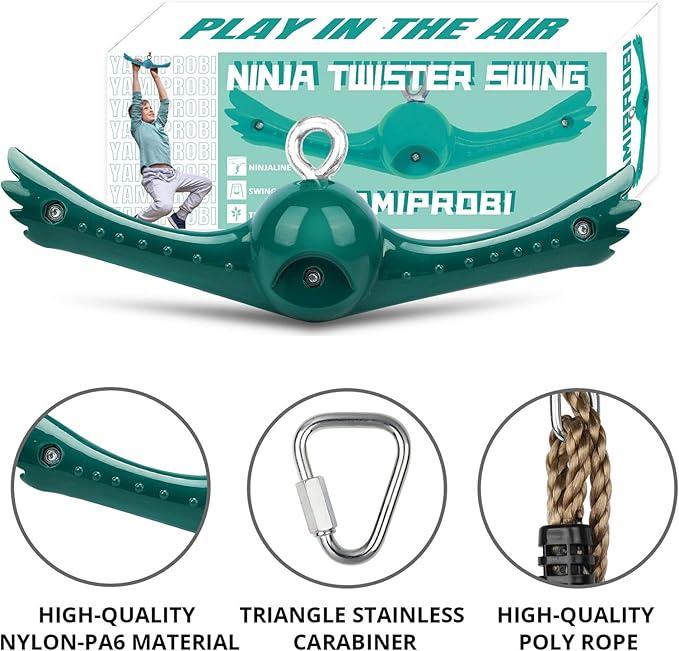 Swing Spins Set: 360° Handle Twist-Spin Flips Toy - Slackline Attachments Activate Play Powers - Accessories for Kids' Playground and Backyard Fun, Green