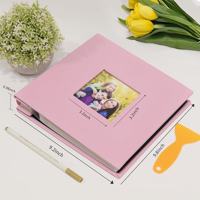 RECUTMS Photo Album Self Adhesive Magnetic Scrapbook 4x6 5x7 8x10 Pictures Scrapbook Album, 40 Pages Photo Book for DIY Baby Family Wedding with Metal Pen and Plastic Board (Pink)