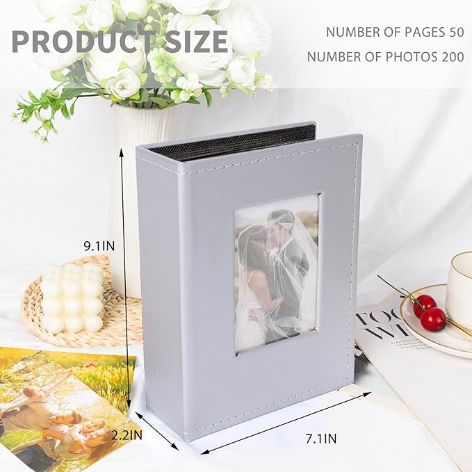 RECUTMS 200 Photo 4x6 PU Leather Cover Black Inner Page with Front Window, Small Photo Book for Baby Wedding Family (Silver)