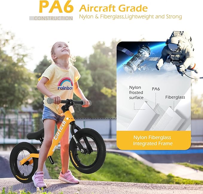 12" Balance Bike for 2, 3, 4, 5 Year Old Boys and Girls, Lightweight Nylon Frame Toddler Training Bike No Pedal Bikes for Kids with Adjustable Seat and Air Tires