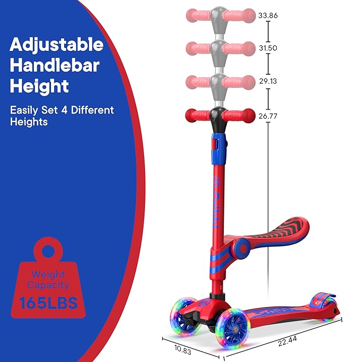 Red and Blue 3 Wheel Scooter with Seat for Kids – Light-Up LED Wheels, Adjustable Handlebar and Seat, Smooth PU Wheels, Wide Anti-Slip Deck, Rear Foot Brake – Toddler Outdoor Toys for Ages 2+