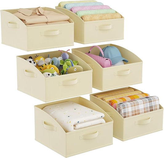 Lifewit Storage Baskets for Shelves, 6 Packs Non-woven Fabric Trapezoid Closet Organizer Bins with Handles, Foldable Clothing Containers Box for Clothes, Toy, Towel, Book, DVD, Hats, Small-Beige