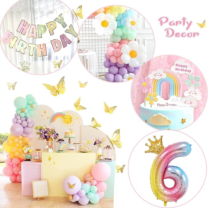 Pastel Balloons 219Pcs Daisy Balloon Garland Kit, 18 10 5 Inch Pastel Rainbow Balloons Arch, Birthday Decorations for Girls, Number 6 Balloons Daisy Balloons for Birthday Party Decorations