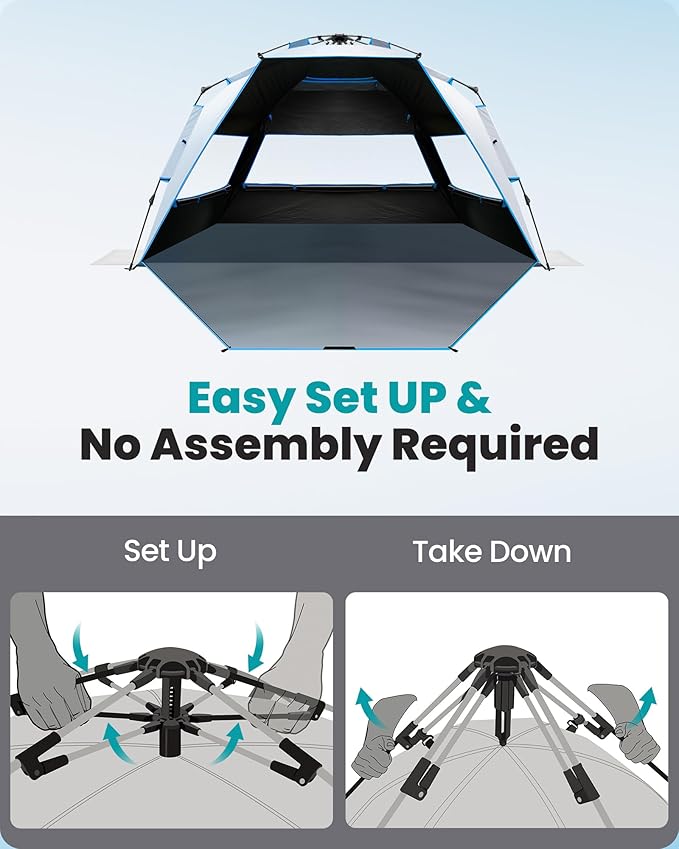 OutdoorMaster Beach Tent with Blackout Shelter Technology, Portable Beach Shade Sun Shelter Canopy for 4-6 Person with UPF 50+ UV Protection, Easy Setup Pop Up Tent Family Size