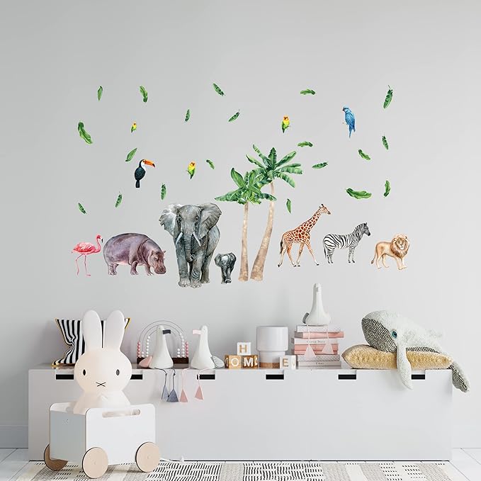 Safari Animal Wall Decals for Kids by Lipastick-Peel and Stick Jungle Stickers Giraffe, Elephant, Hippo, Palm Tree, Parrot for Toddlers Room, Nursery, Playroom, Classroom, Daycare Decor Art- S Size