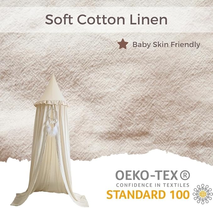 Wonder Space Kids Bed Canopy with Ruffles, Pastel Neutral Color for Boys & Girls, Frilled Cotton Tent Nursery Room Baby Crib Hanging Curtain Mosquito Netting Children Reading Nook Decoration (Ivory)