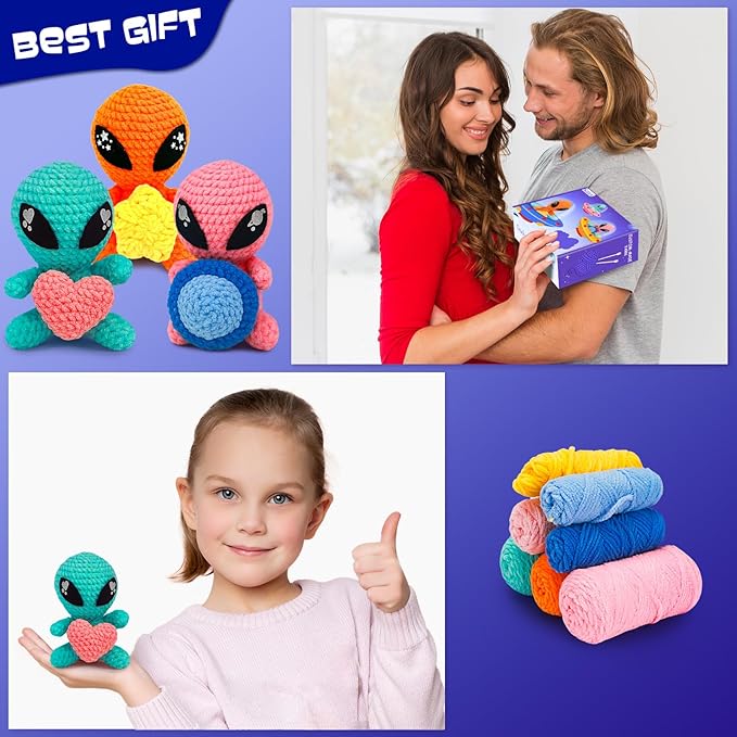 ekaus Crochet Kit for Beginners, Crochet Kit with Step-by-Step Video Tutorials, Crochet DIY Knitting Supplies for Adults Kids, Crochet Aliens(45%+ Yarn)