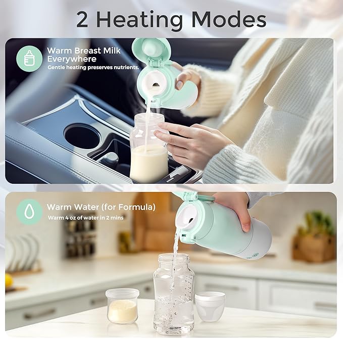 Portable Bottle Warmer for Travel, Dual Heating Modes for Breastmilk & Water, Portable Bottle Milk Warmer with Fast Heating & Long Battery Life, 10 Ounces Large Capacity (Green)