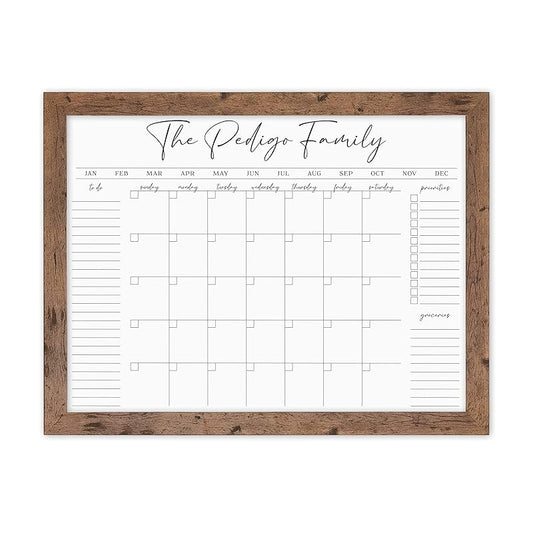 Personalized Dry Erase Wall Calendar with Custom To do list and Notes Organization Sections | Large Whiteboard Calendar (24" W x 18" H, Walnut Frame)