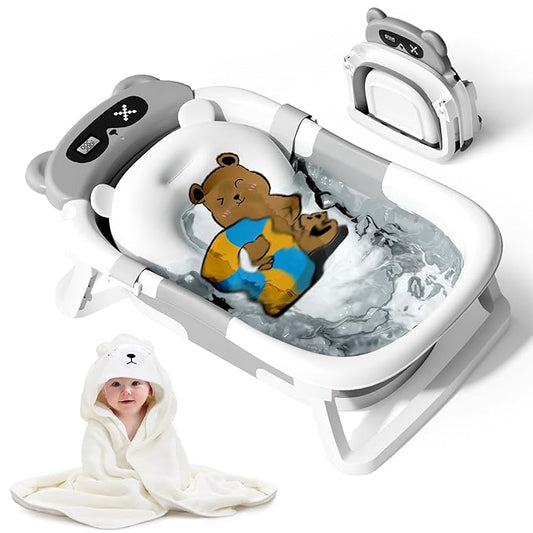Collapsible Baby Bathtub for Newborn to Toddler (0-18 Month) - Portable Baby Bath Tub for Travel, Newborn Bathtub with Soft Towel and Floating Cushion (Gray)