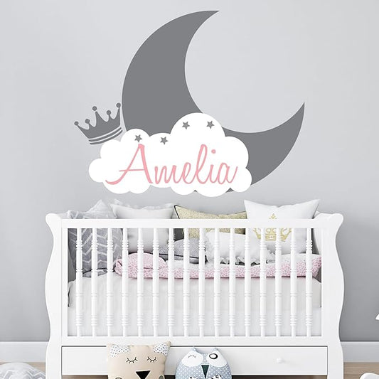 Personalized Name Moon & Cloud Wall Decal - Custom Baby Nursery Sticker - Peel and Stick Mural for Girls & Boys Room - Removable Vinyl Art Decor - Mural Decal for Nursery Decor (Wide 15"x12" Height)
