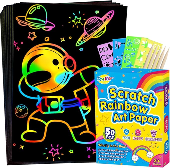 RMJOY Rainbow Scratch Paper Art for Kids: 60PCS Magic Arts Crafts Gifts Toys for Girls Boys Ages 4 5 6 7 8 9 Games Activities for Birthday Family Fathers Day Christmas Stocking Stuffers Easter(Boys)