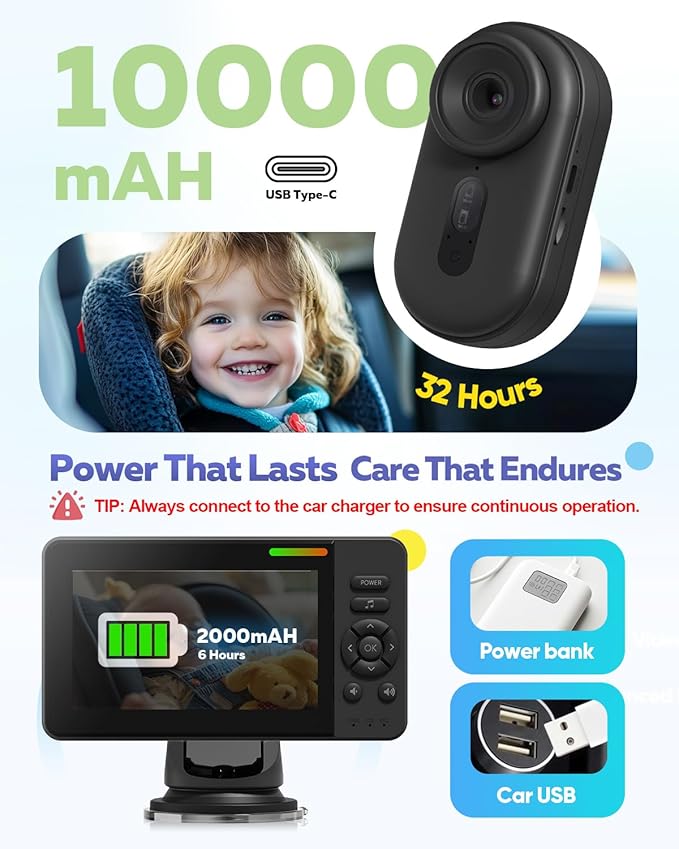 Wireless Baby Car Camera with 1080P Advanced Night Vision and 32H Battery, No Wi-Fi Needed Easy Setup Car Baby Monitor with Video Recording Adjustable Angle, Newborns Travel Essentials Gifts