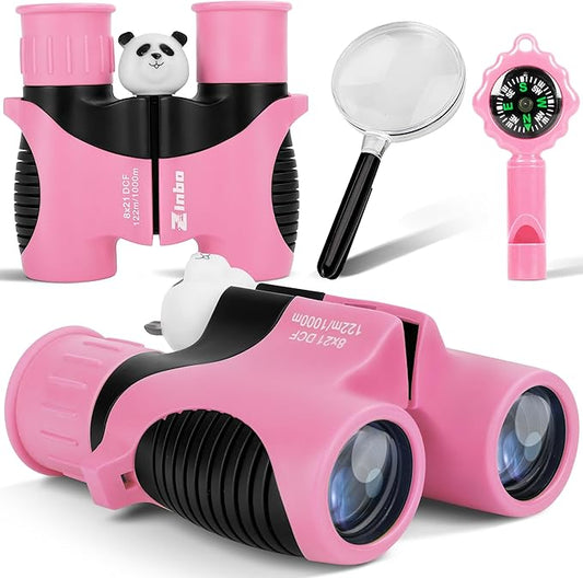 Binoculars for Kids, Toys for 3-12 Year Old Girls and Boys, Bird Watching Hiking Outdoor Learning Toy with Magnifying Glass &Compass, Birthday Easter Gifts Toys for Boy Kid Ages 3-6 (Pink)