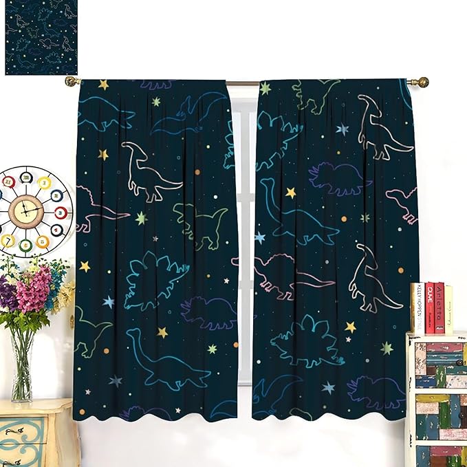 Cartoon Colorful Dinosaur Curtains for Kids Boys Girls Home Decor, Astronaut Funny Outer Space Star Blackout Rod Pocket Window Drapes for Bedroom Living Room W31.5xL72in 2 Panels